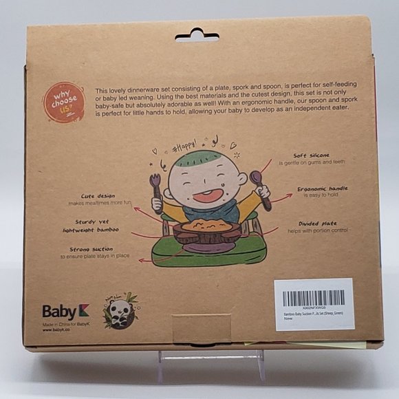 Baby K NIB Bamboo Divided Sheep Plate with Suction & Green Spoon Set - 6 Months - Picture 14 of 16